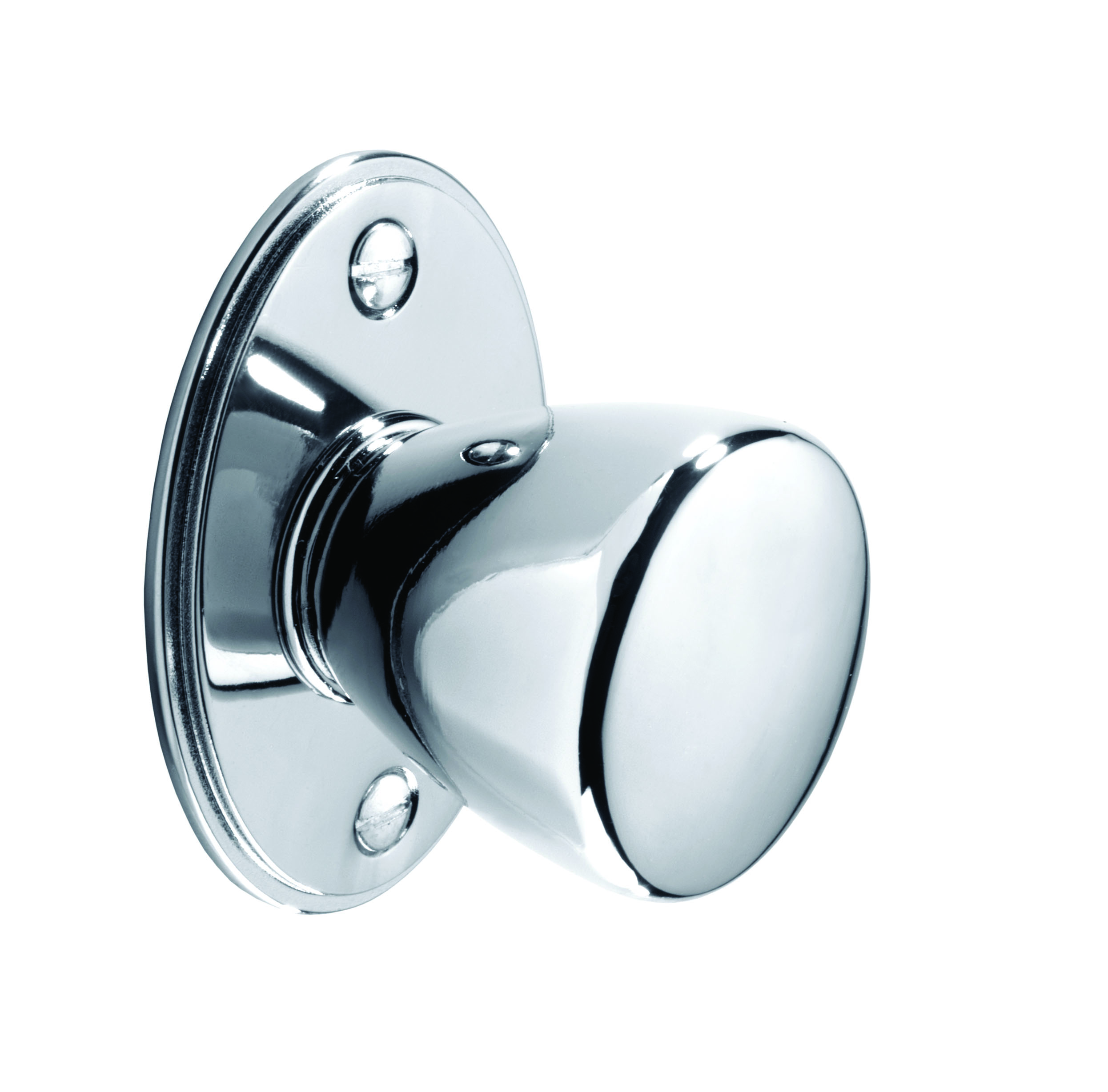 Round knob with back plate, 35mm diameter knob, back plate 59mm wide, chrome effect 