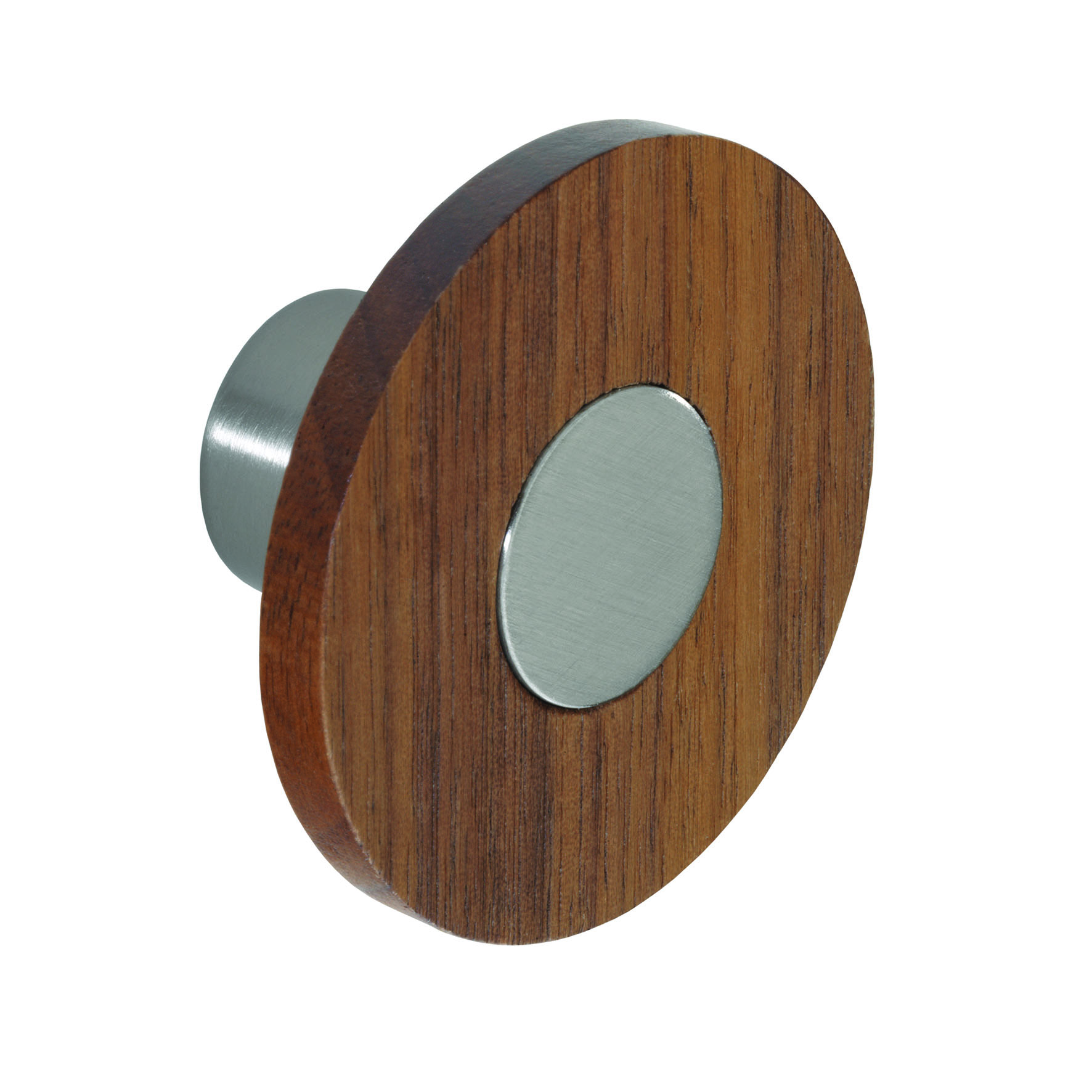 Knob round, 50mm diameter, walnut and stainless steel effect 